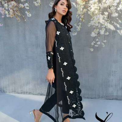 Black Bliss from Shireen Lakdawala - Pure Organza Long Coat with Handmade Floral Work and Pearls Profile Picture